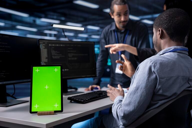 Multiethnic Team Using Green Screen Tablet To Over MVKF9J9 768x512